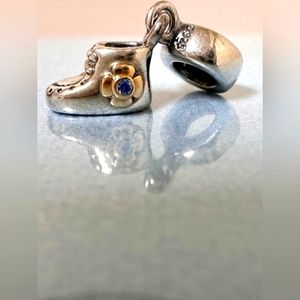 Pandora S925 Sterling Silver 14K Yellow Gold Blue CZ Baby Girl Bootie Shoe Charm